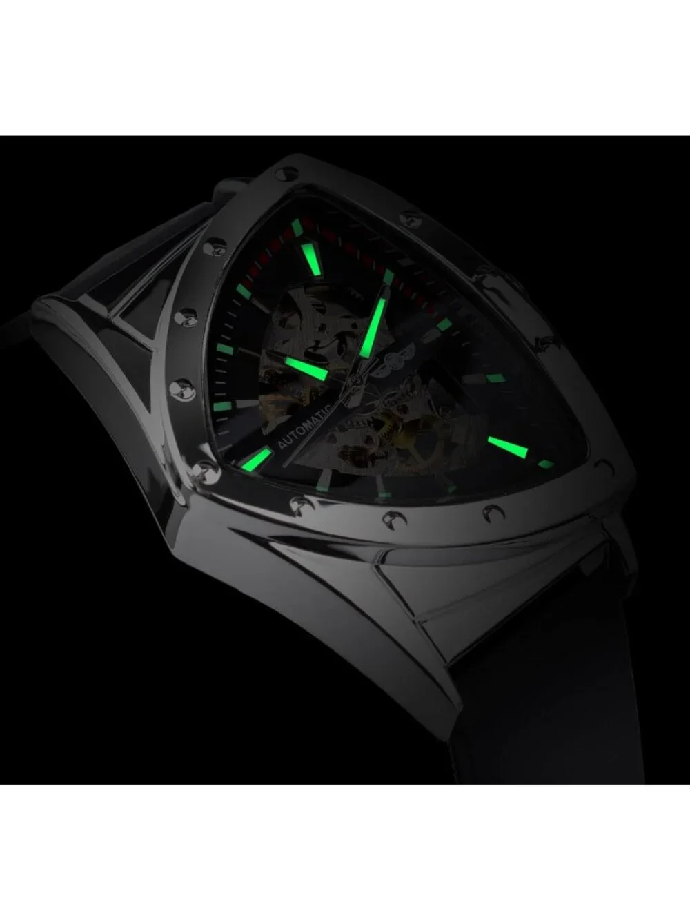 Men's Skeleton Automatic Watch, Luminous Triangle Dial, Stainless Steel or
